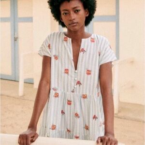 Sezane Saphir Dress in Embroidered Flowers on Blue Stripes Size 42